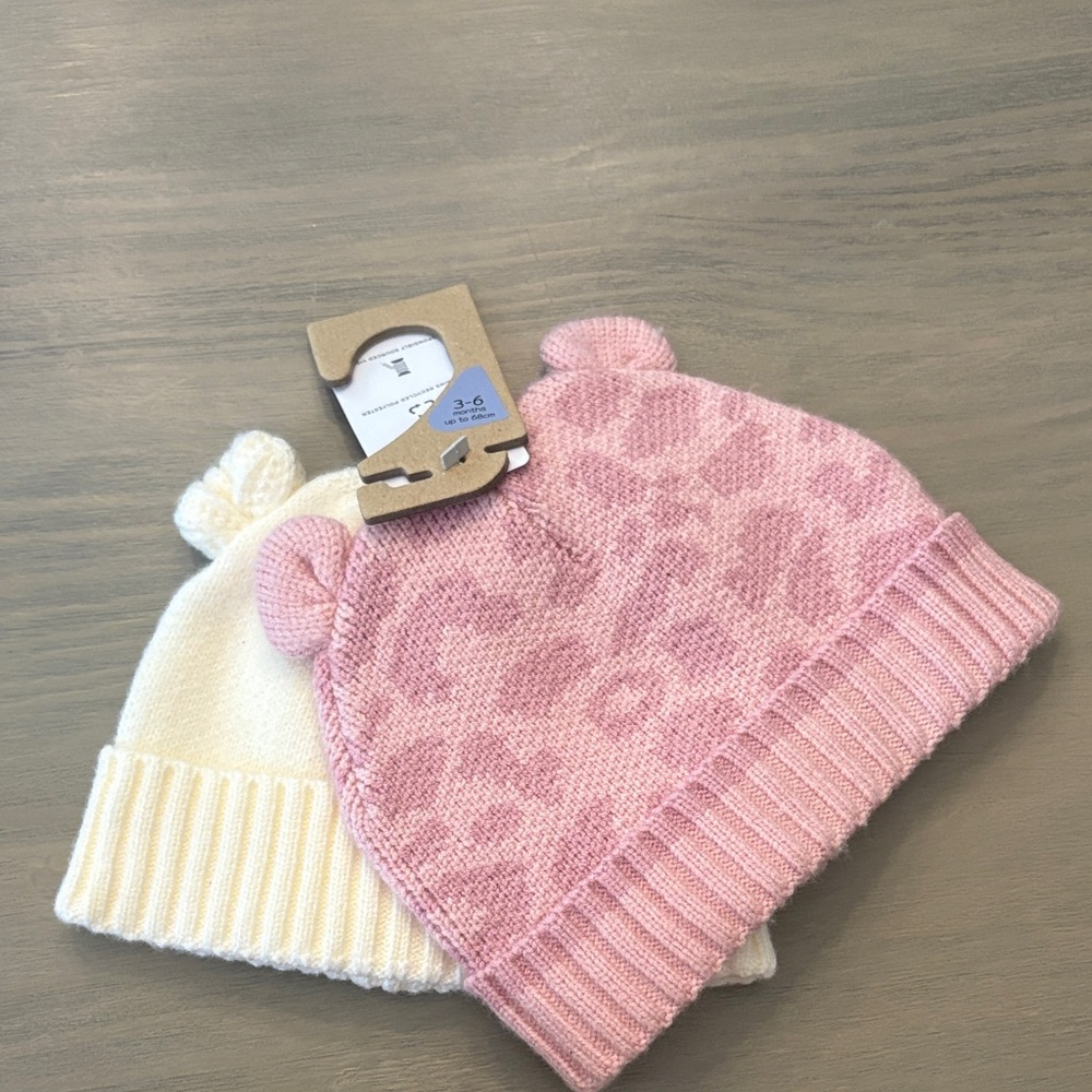 Pink and Cream Baby Girls Beanie Set of 2